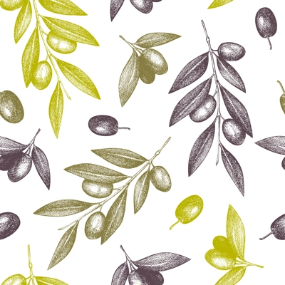 Olive seamless pattern. Healthy food background. Hand-drawn vector illustration. Olives branches, leaves and fruits sketches. Packaging, kitchen design. NOT AT generated
